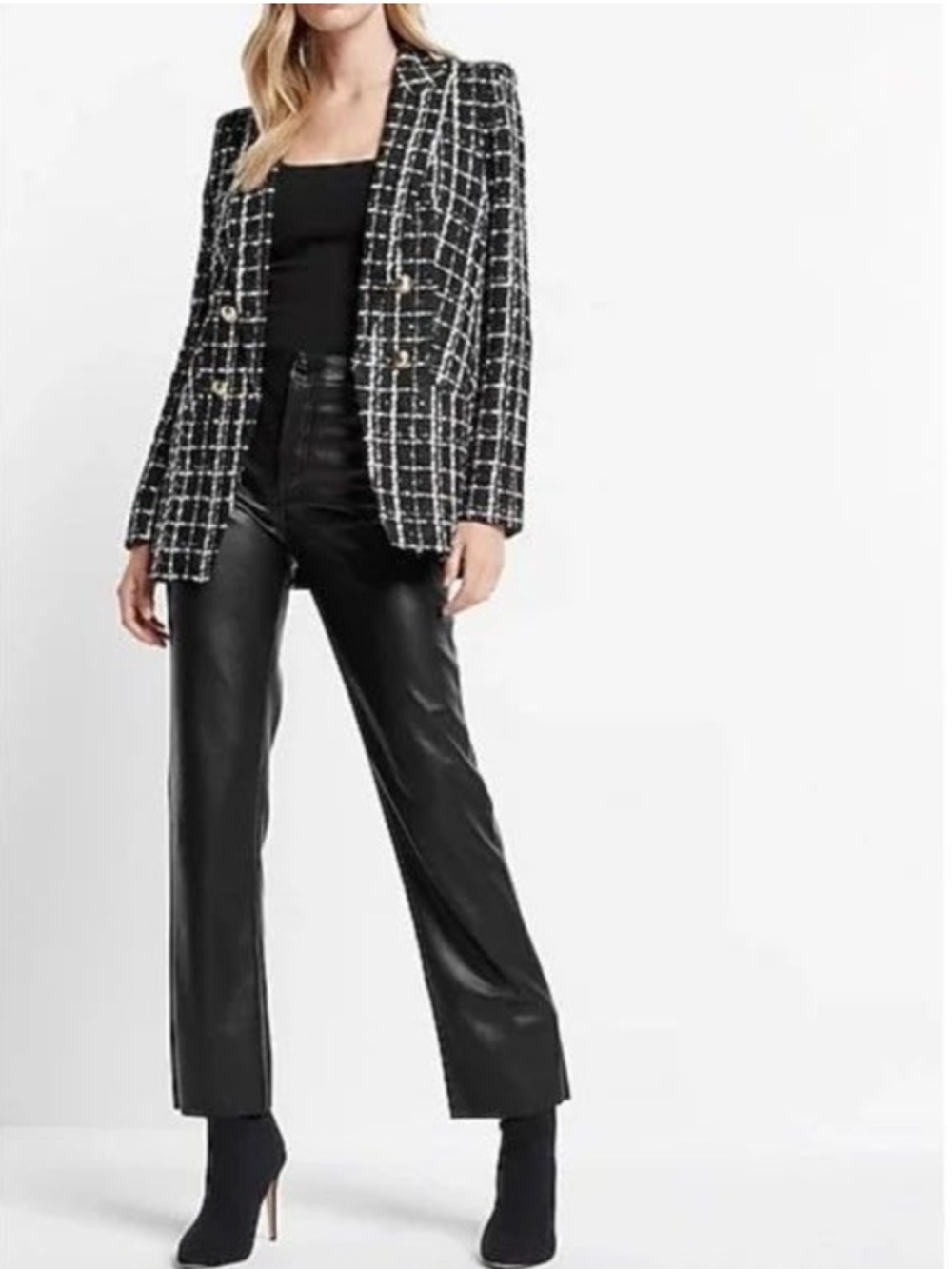EXPRESS Woman Black & White Plaid Tweed Blazer Jacket Sequins Golden Buttons